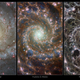 La misma galaxia vista en longitudes de onda óptica, óptica/infrarroja media e infrarroja.